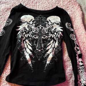 SHEIN Black Gothic Skull and Wings Top